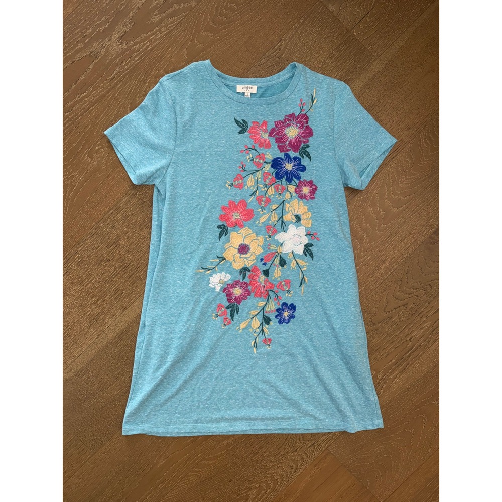 Umgee USA Turquoise Blue Floral Embroidered Short Sleeve Tunic Dress Small